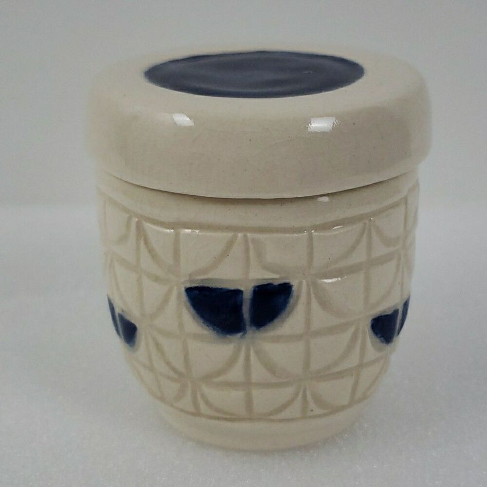 Studio Art Pottery Blue & White Jar Small Lid Signed Textured Trinket Keepsake